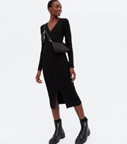 New Look Tall Black Ribbed Knit Button Front Midi Dress